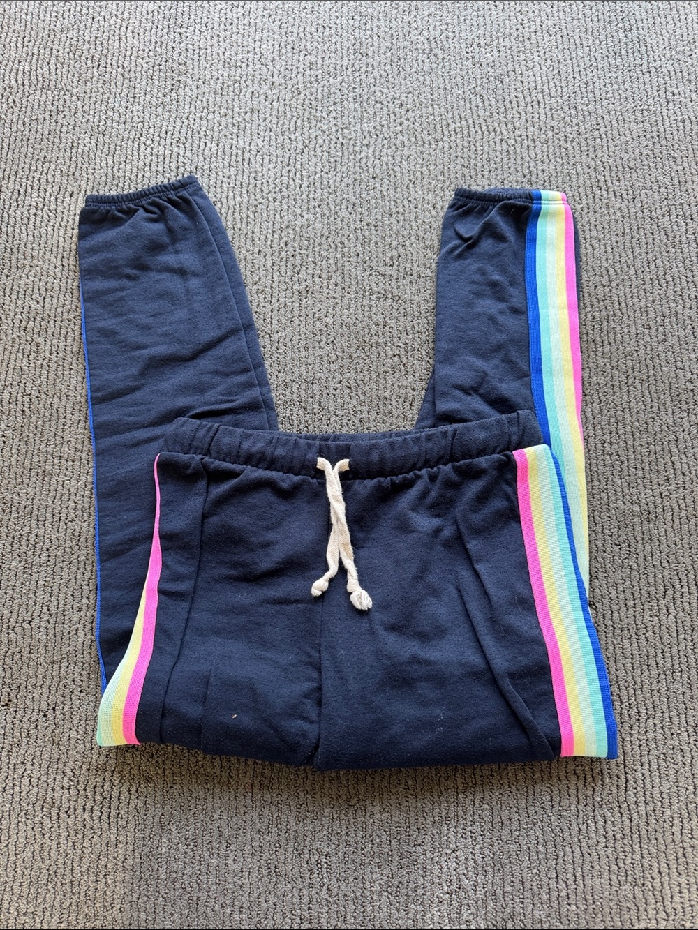 Pixielane Navy Kids Joggers with Rainbow Side Stripes
